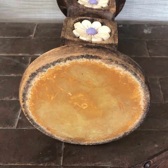 Vintage Carved Wood Floral Distressed Rustic Boho Candle Holder - Picture 6 of 9